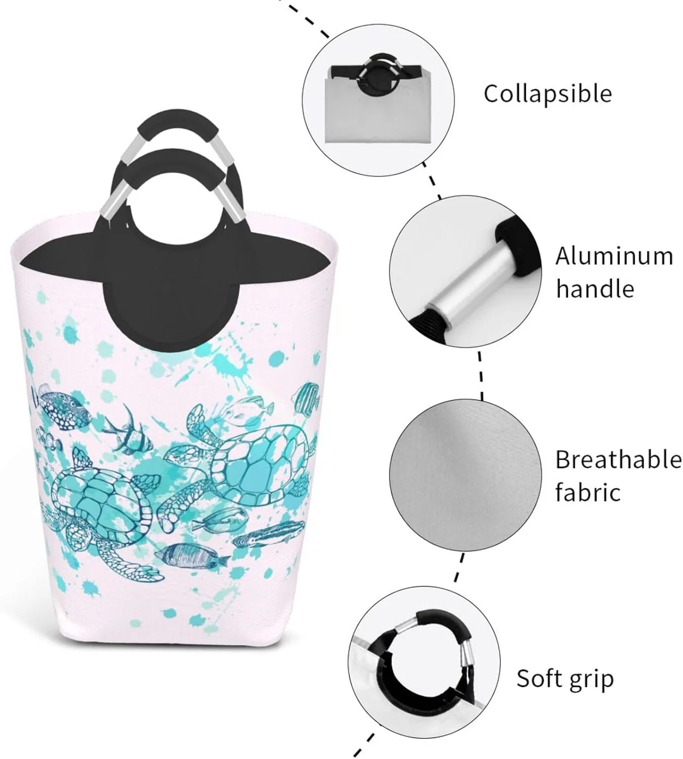 Sea Turtle Laundry Basket - Collapsible Ocean Fish Decor Hamper for Beach, Bathroom, Family & Dorm - 50L