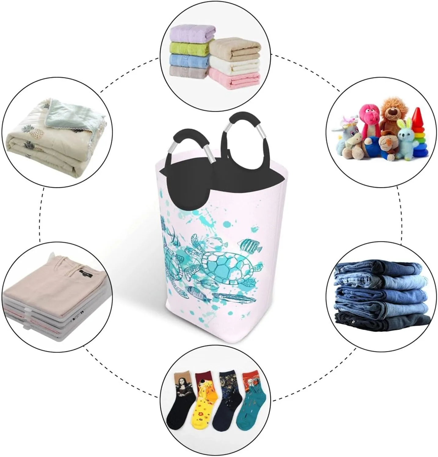 Sea Turtle Laundry Basket - Collapsible Ocean Fish Decor Hamper for Beach, Bathroom, Family & Dorm - 50L