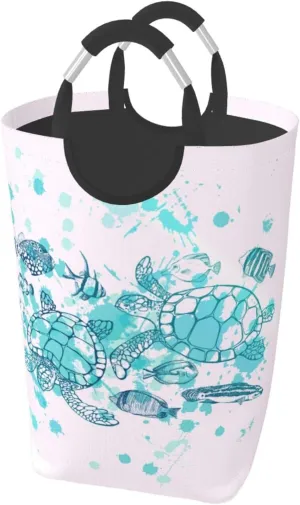 Sea Turtle Laundry Basket - Collapsible Ocean Fish Decor Hamper for Beach, Bathroom, Family & Dorm - 50L