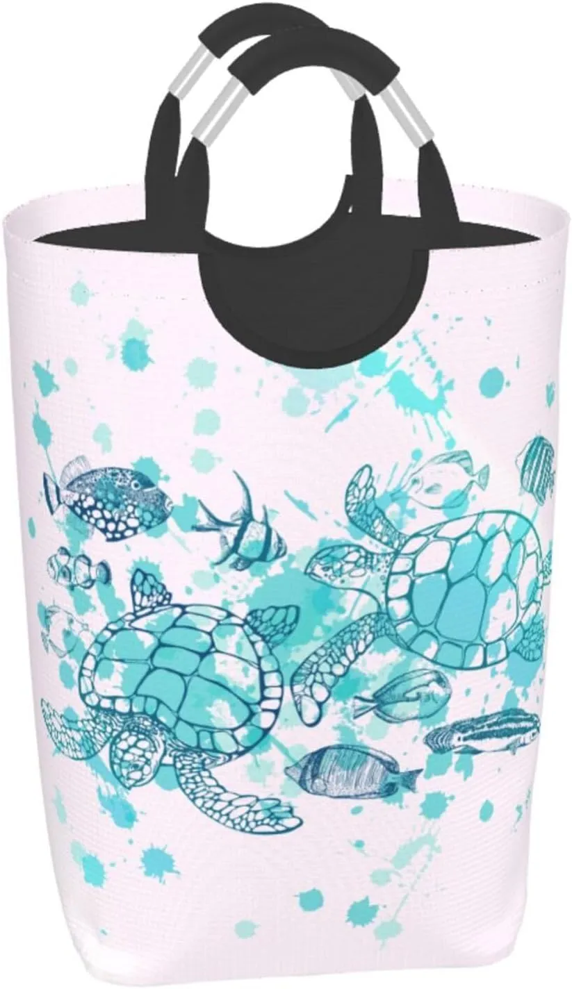 Sea Turtle Laundry Basket - Collapsible Ocean Fish Decor Hamper for Beach, Bathroom, Family & Dorm - 50L