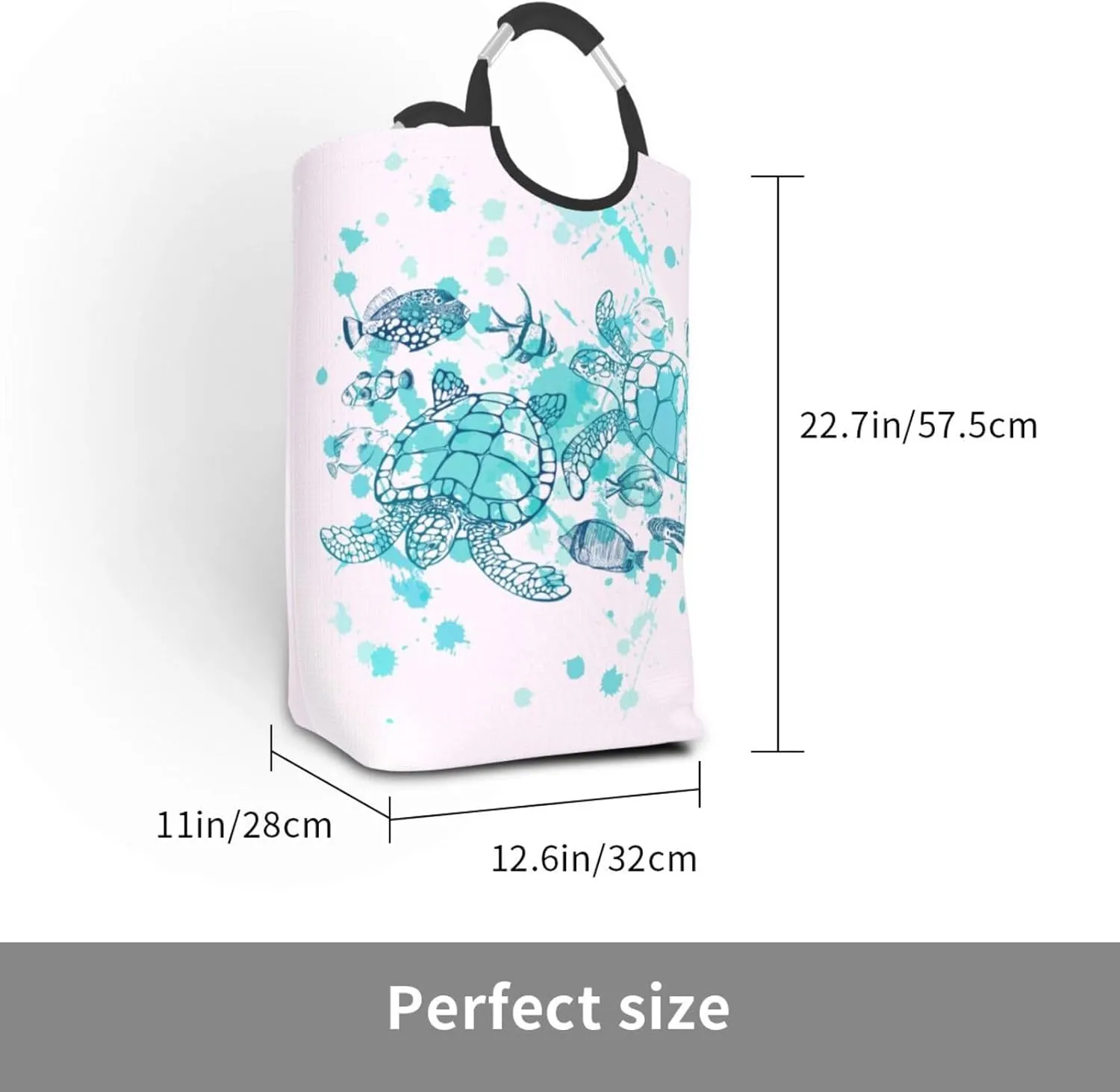 Sea Turtle Laundry Basket - Collapsible Ocean Fish Decor Hamper for Beach, Bathroom, Family & Dorm - 50L