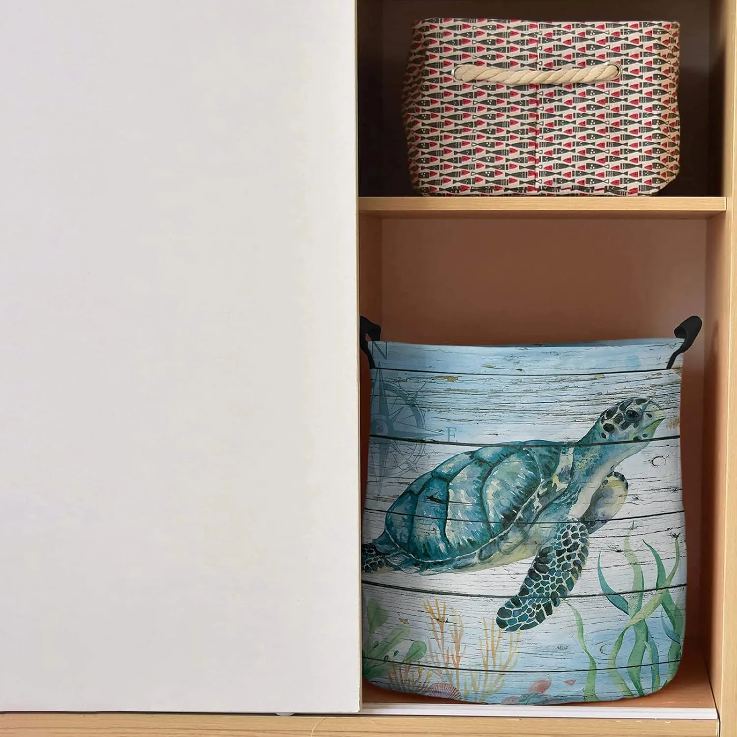 Sea Turtle Laundry Basket,Marine Theme Sealife Waterproof Collapsible Clothes Hamper, Retro Wood Grain Large Storage Bag for Bedroom Bathroom