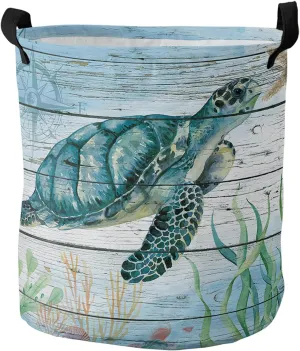 Sea Turtle Laundry Basket,Marine Theme Sealife Waterproof Collapsible Clothes Hamper, Retro Wood Grain Large Storage Bag for Bedroom Bathroom