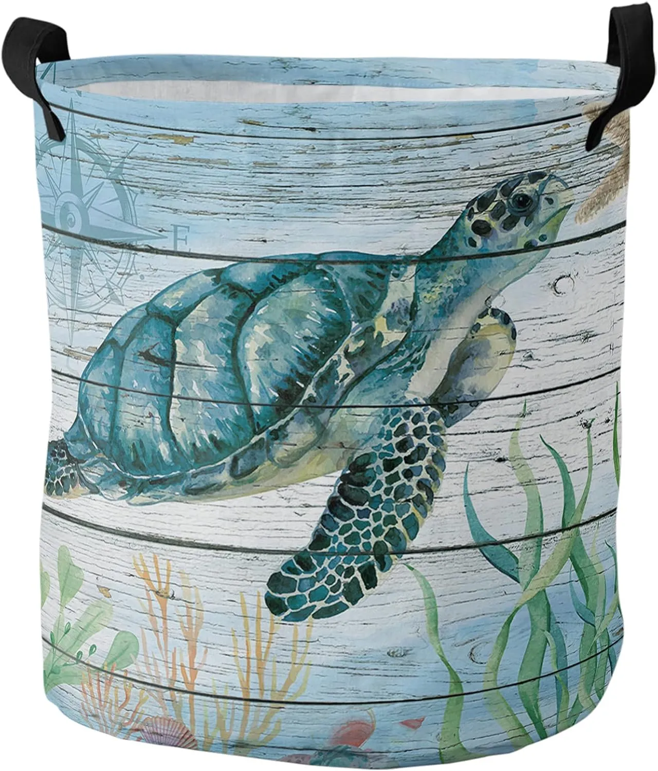 Sea Turtle Laundry Basket,Marine Theme Sealife Waterproof Collapsible Clothes Hamper, Retro Wood Grain Large Storage Bag for Bedroom Bathroom