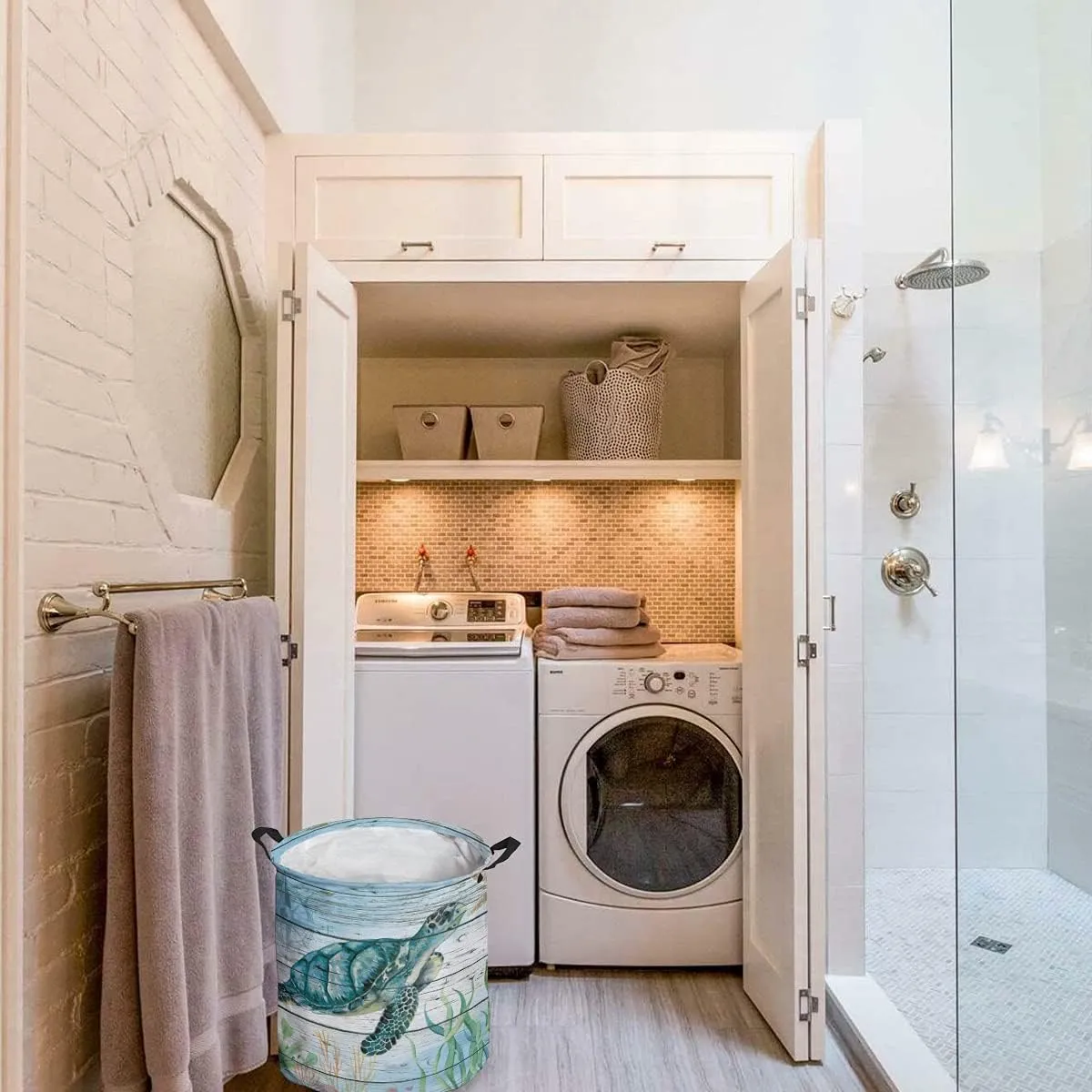 Sea Turtle Laundry Basket,Marine Theme Sealife Waterproof Collapsible Clothes Hamper, Retro Wood Grain Large Storage Bag for Bedroom Bathroom
