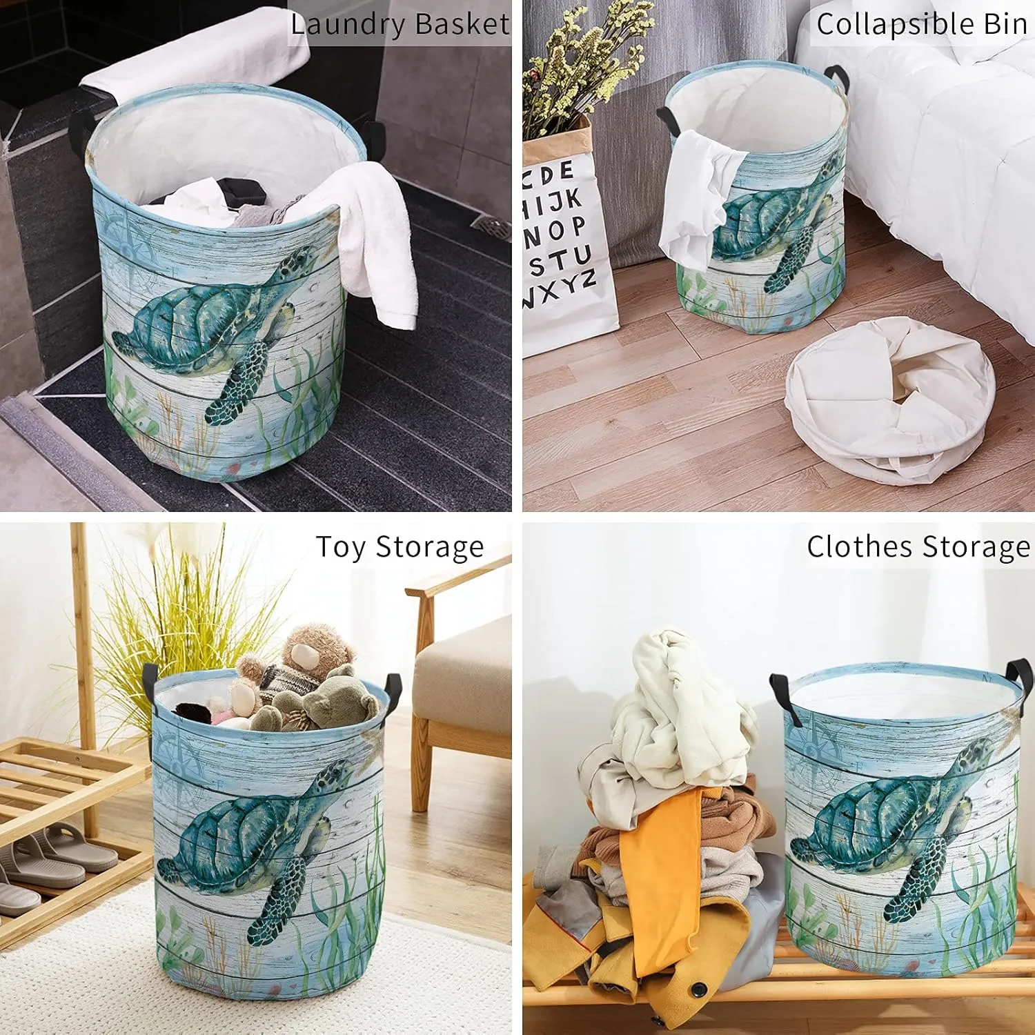 Sea Turtle Laundry Basket,Marine Theme Sealife Waterproof Collapsible Clothes Hamper, Retro Wood Grain Large Storage Bag for Bedroom Bathroom
