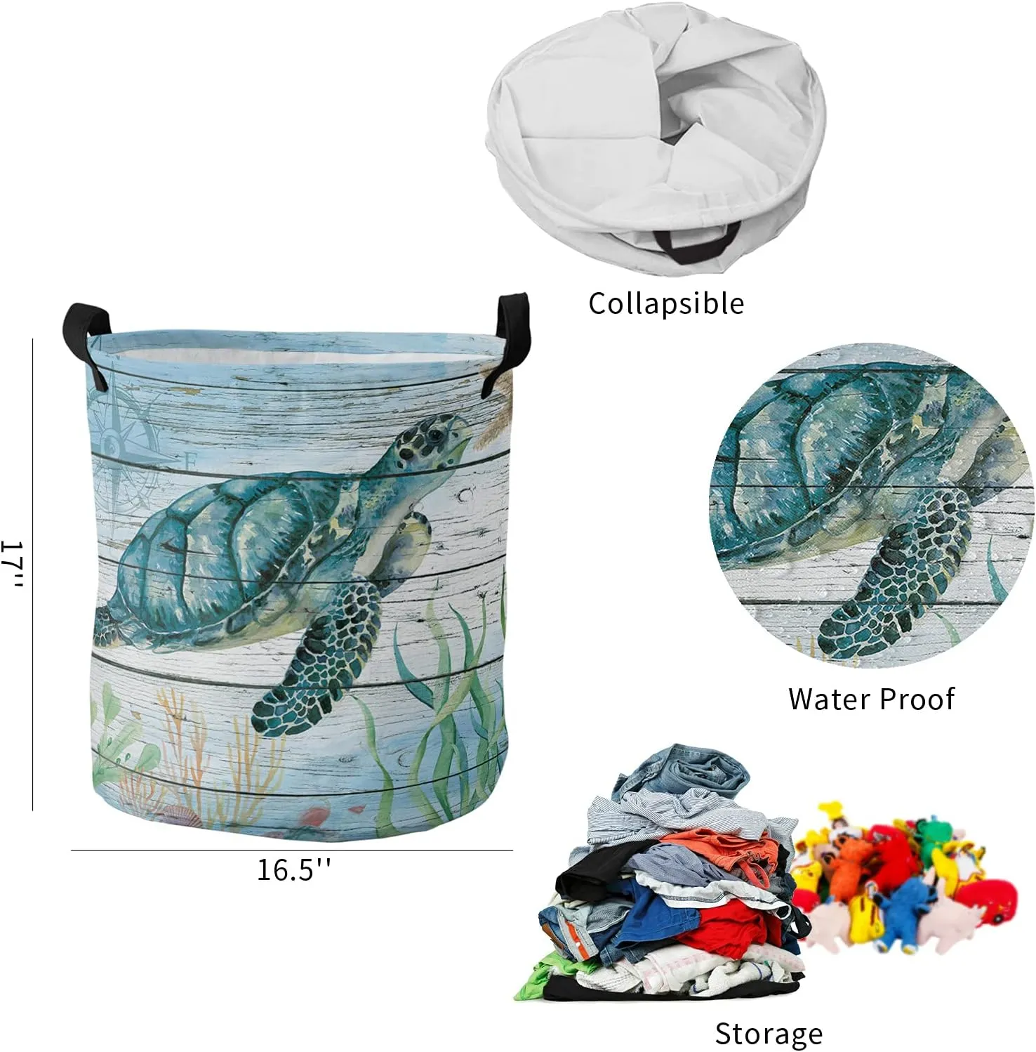 Sea Turtle Laundry Basket,Marine Theme Sealife Waterproof Collapsible Clothes Hamper, Retro Wood Grain Large Storage Bag for Bedroom Bathroom