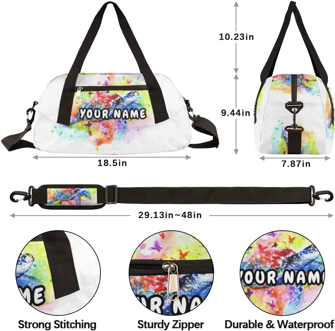 Sea Turtle Painted Personalized Kids Duffel Bag for Girls Boys, Sea Turtle Debris Custom Name Overnight Small Duffel Bag Carry On Weekend Sports Travel Bag for School Practice Gymnastics Ballet