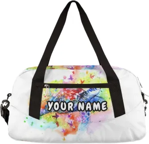 Sea Turtle Painted Personalized Kids Duffel Bag for Girls Boys, Sea Turtle Debris Custom Name Overnight Small Duffel Bag Carry On Weekend Sports Travel Bag for School Practice Gymnastics Ballet