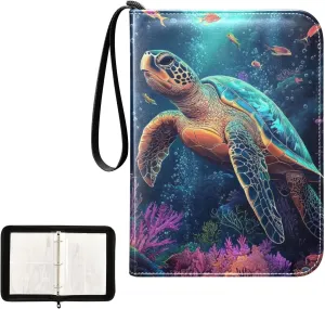 Sea Turtles Coral Fish Card Binder 4 Pocket, Trading Card Holder Fits 400 Game Cards with 50 Removable Sleeves, MTG Card Case Standard Size