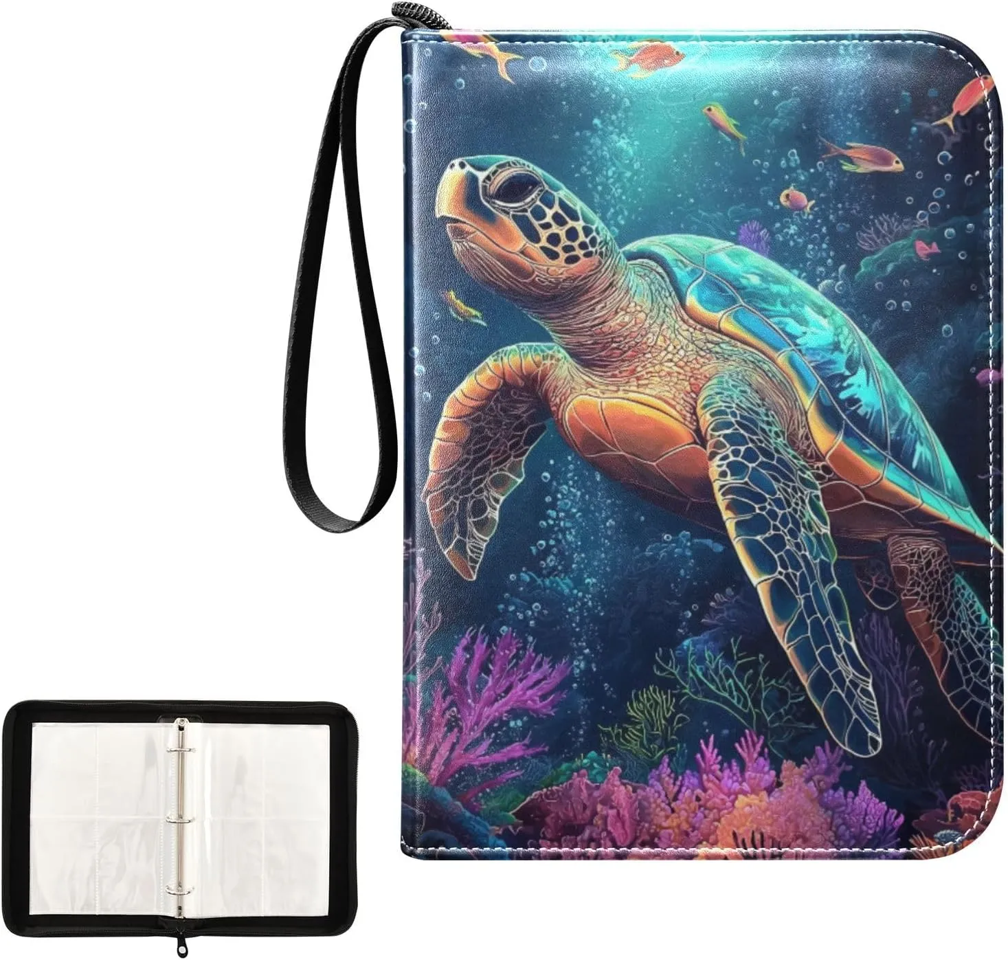 Sea Turtles Coral Fish Card Binder 4 Pocket, Trading Card Holder Fits 400 Game Cards with 50 Removable Sleeves, MTG Card Case Standard Size