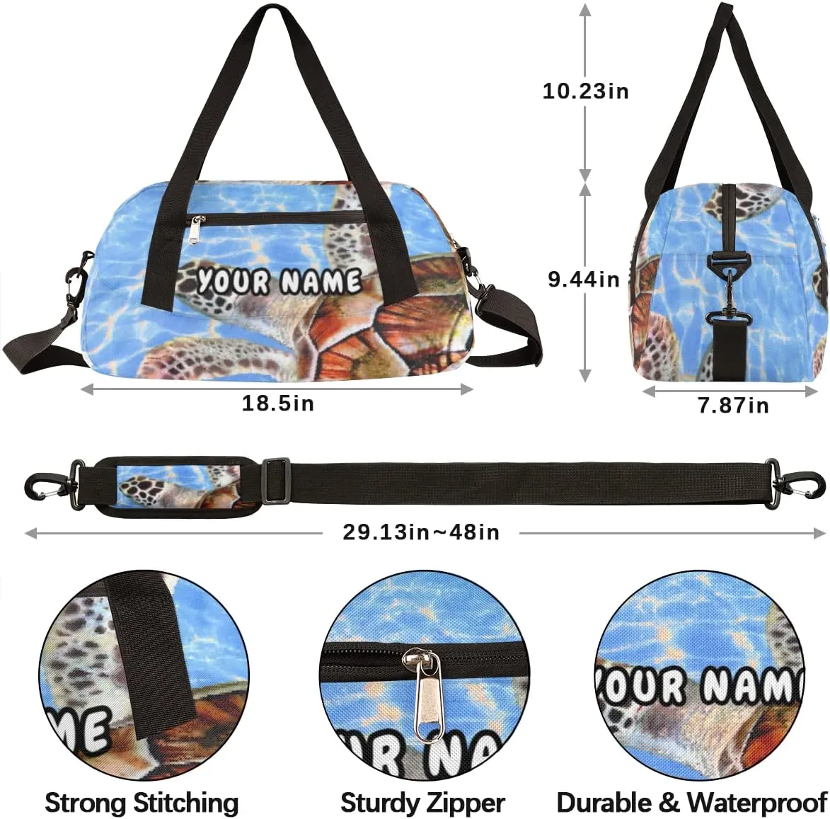 Sea Turtles Pattern Personalized Kids Duffel Bag for Girls Boys, Sea Turtles Debris Custom Name Overnight Small Duffel Bag Carry On Weekend Sports Travel Bag for School Practice Gymnastics Ballet