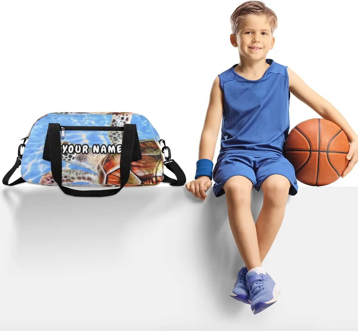 Sea Turtles Pattern Personalized Kids Duffel Bag for Girls Boys, Sea Turtles Debris Custom Name Overnight Small Duffel Bag Carry On Weekend Sports Travel Bag for School Practice Gymnastics Ballet