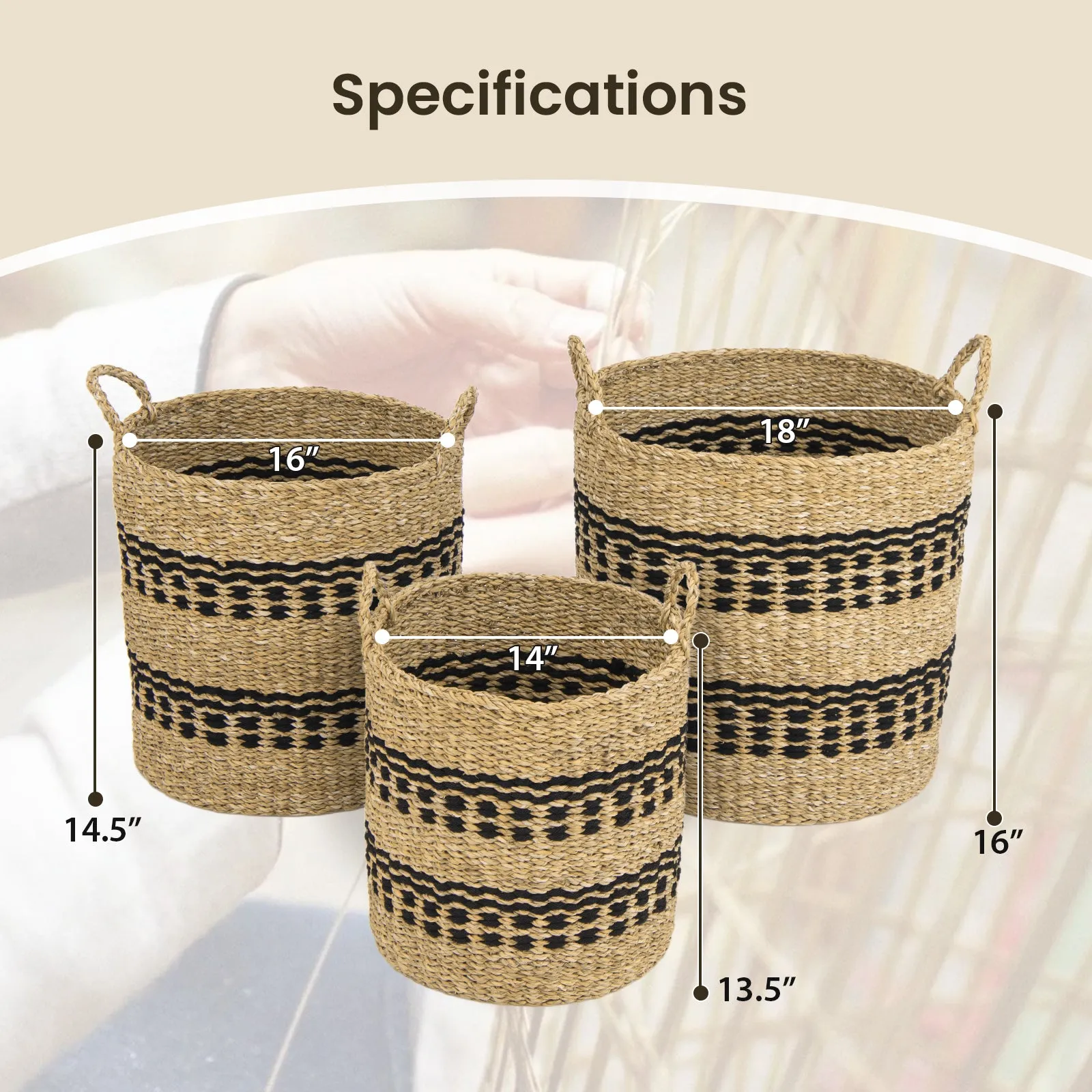 Seagrass Basket Set of 3 Stackable Storage Bins with Handles Woven Round Basket-M