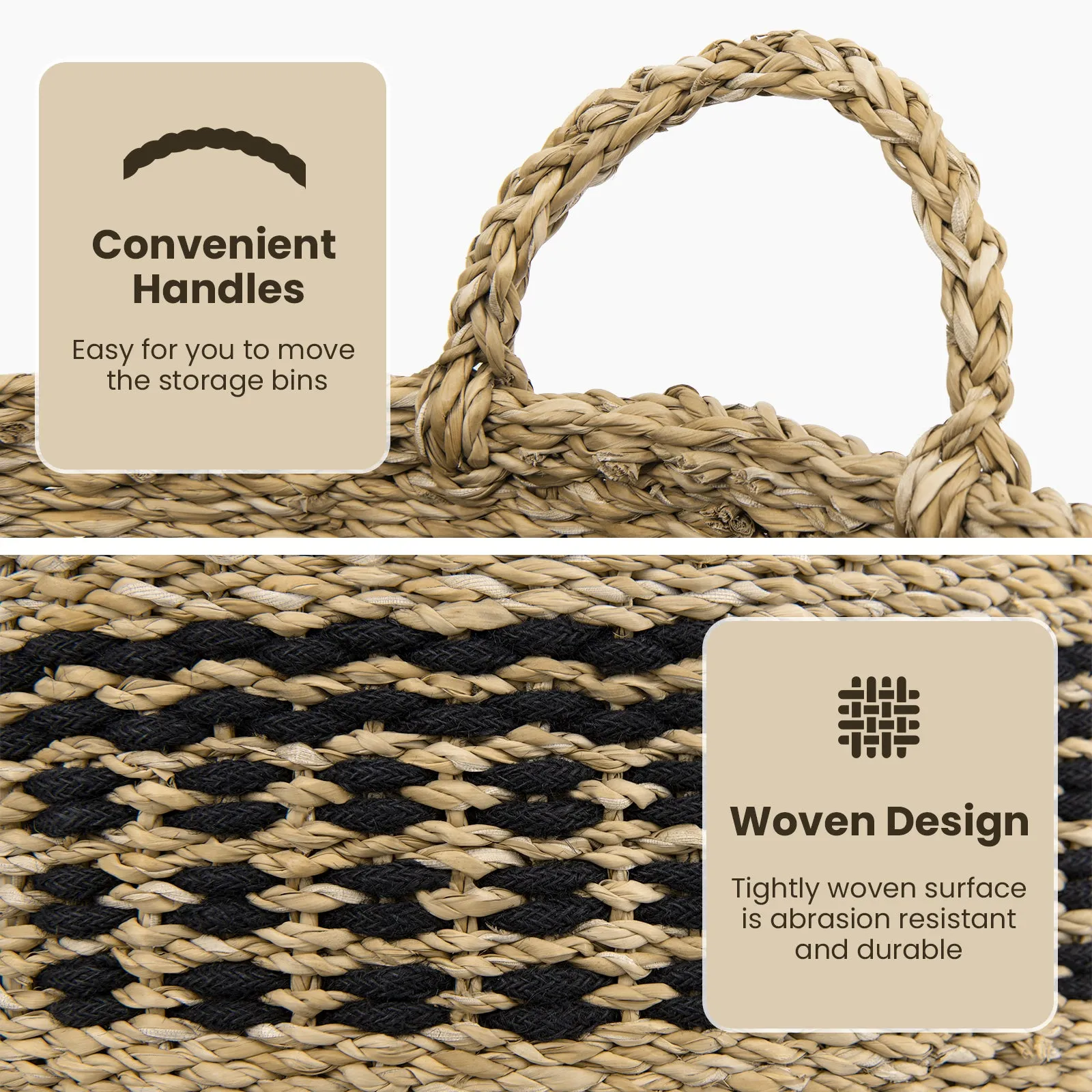 Seagrass Basket Set of 3 Stackable Storage Bins with Handles Woven Round Basket-M