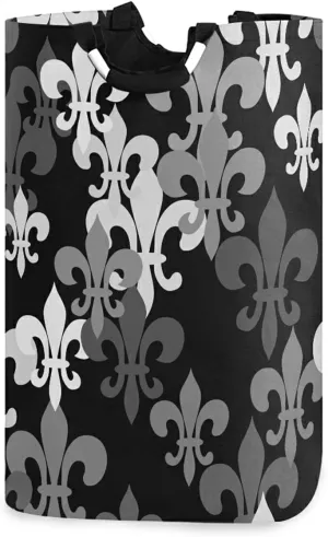 Seamless Black Grey Fleur De Lis Flowers on Black Dark Laundry Hamper Basket Bucket, Foldable Dirty Clothes Bag, Waterproof Fabric Washing Bin, Toy Storage with Handles for Bathroom