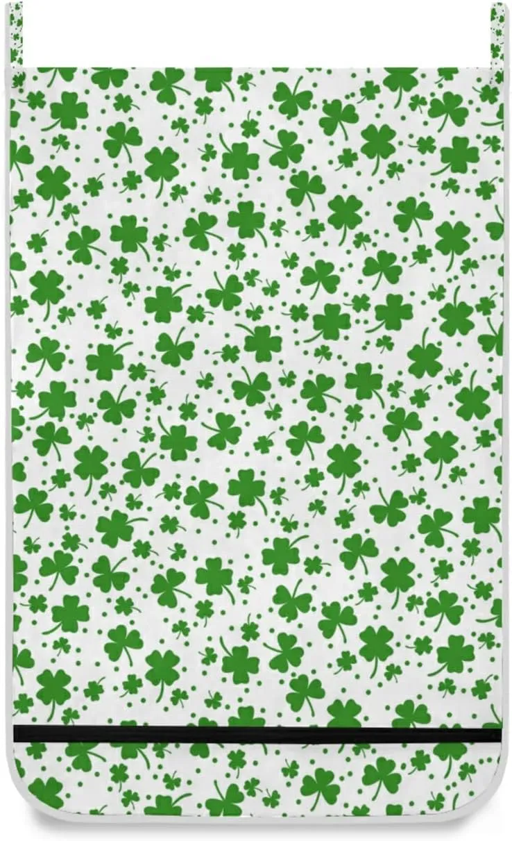 Seamless St Patrick s Day Green Shamrock Clover Lucky Leaves Hanging Laundry Hamper Bag, Dirty Clothes Bag Over The Door, Wall Cloth Basket with Hooks Storage Closet for Bathroom Bedroom