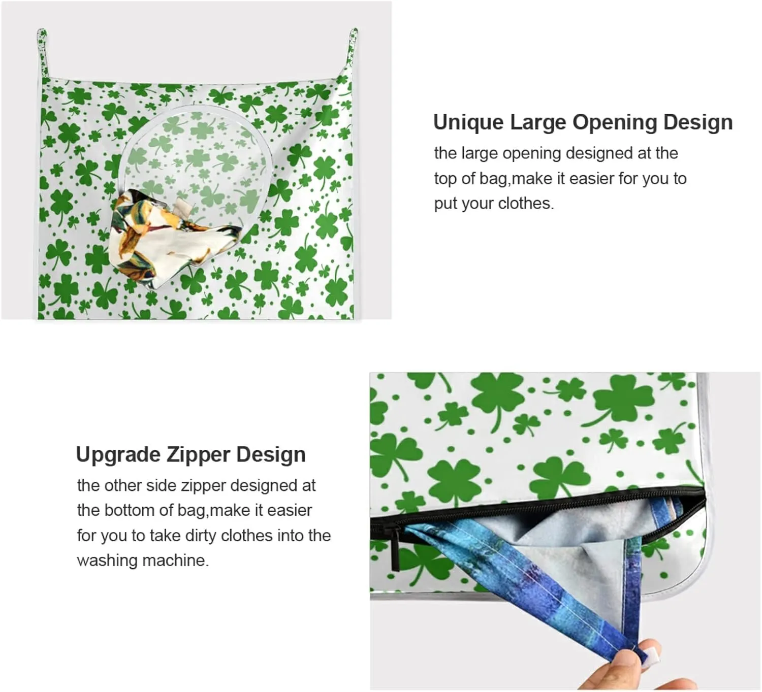 Seamless St Patrick s Day Green Shamrock Clover Lucky Leaves Hanging Laundry Hamper Bag, Dirty Clothes Bag Over The Door, Wall Cloth Basket with Hooks Storage Closet for Bathroom Bedroom