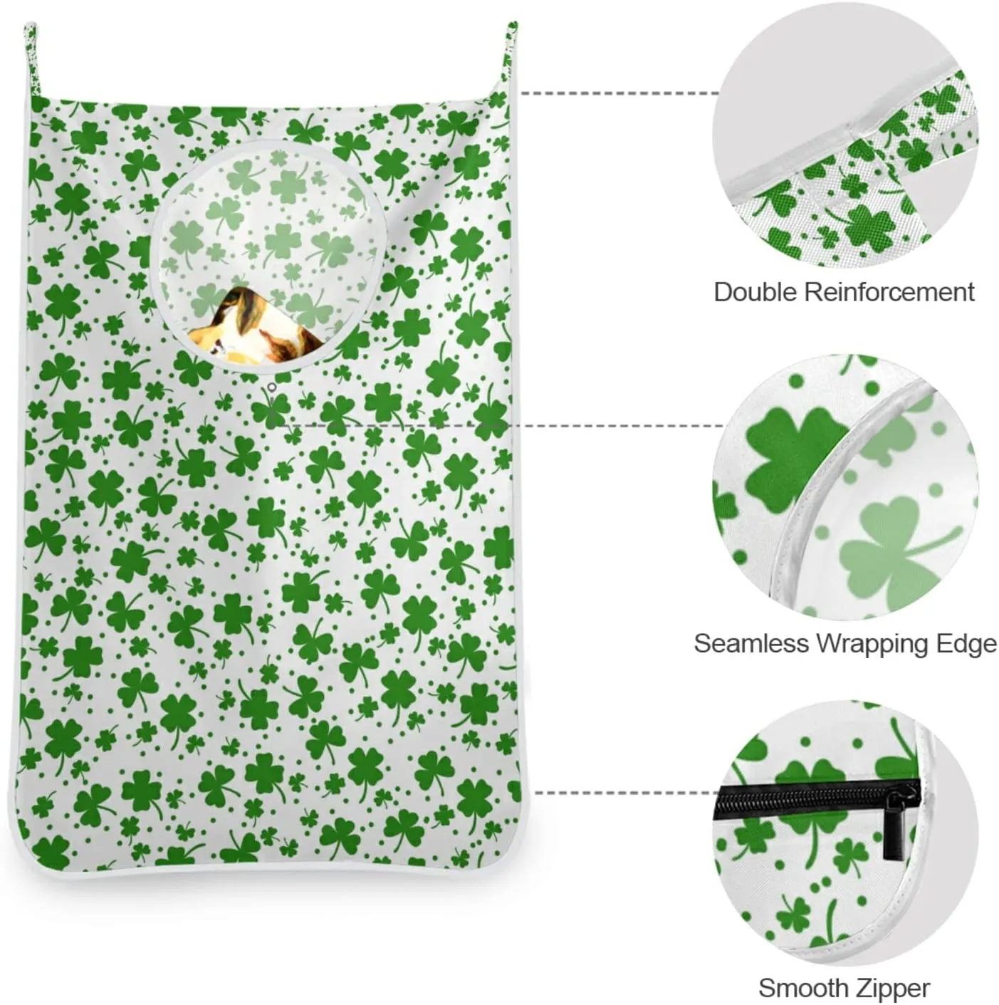 Seamless St Patrick s Day Green Shamrock Clover Lucky Leaves Hanging Laundry Hamper Bag, Dirty Clothes Bag Over The Door, Wall Cloth Basket with Hooks Storage Closet for Bathroom Bedroom