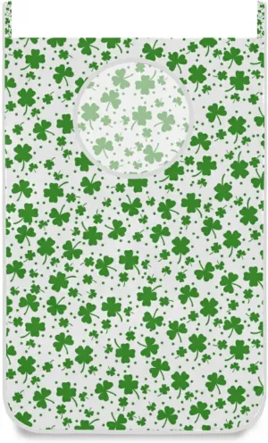 Seamless St Patrick s Day Green Shamrock Clover Lucky Leaves Hanging Laundry Hamper Bag, Dirty Clothes Bag Over The Door, Wall Cloth Basket with Hooks Storage Closet for Bathroom Bedroom