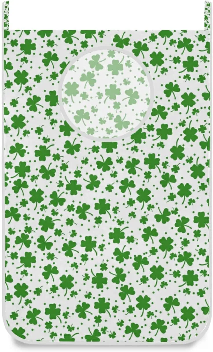 Seamless St Patrick s Day Green Shamrock Clover Lucky Leaves Hanging Laundry Hamper Bag, Dirty Clothes Bag Over The Door, Wall Cloth Basket with Hooks Storage Closet for Bathroom Bedroom