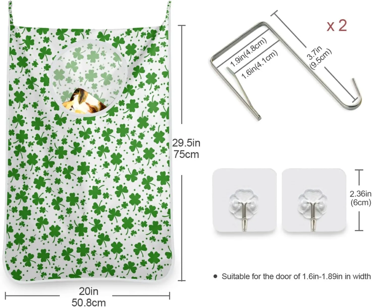 Seamless St Patrick s Day Green Shamrock Clover Lucky Leaves Hanging Laundry Hamper Bag, Dirty Clothes Bag Over The Door, Wall Cloth Basket with Hooks Storage Closet for Bathroom Bedroom