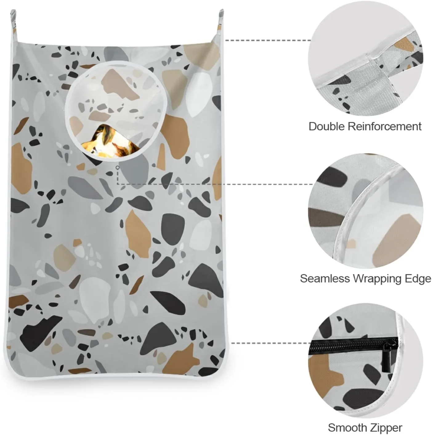Seamless Terrazzo Stone Fragments Rock Surface on Grey Background Hanging Laundry Hamper Bag, Dirty Clothes Basket Bag with Hooks Bag Space Saving, For Bathroom, Bedroom, Storage, Behind Doors