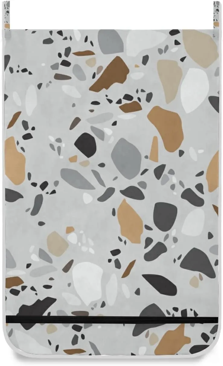 Seamless Terrazzo Stone Fragments Rock Surface on Grey Background Hanging Laundry Hamper Bag, Dirty Clothes Basket Bag with Hooks Bag Space Saving, For Bathroom, Bedroom, Storage, Behind Doors