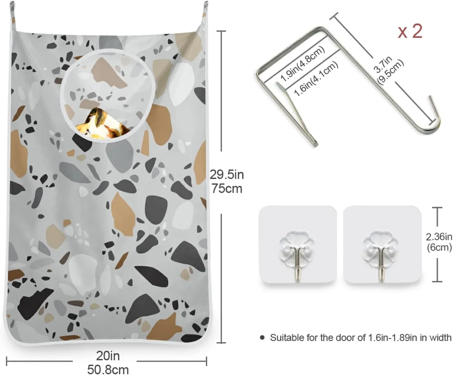 Seamless Terrazzo Stone Fragments Rock Surface on Grey Background Hanging Laundry Hamper Bag, Dirty Clothes Basket Bag with Hooks Bag Space Saving, For Bathroom, Bedroom, Storage, Behind Doors