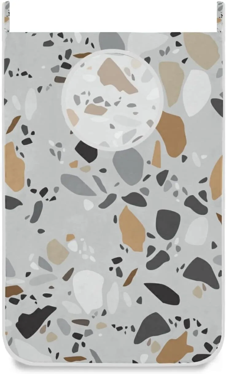 Seamless Terrazzo Stone Fragments Rock Surface on Grey Background Hanging Laundry Hamper Bag, Dirty Clothes Basket Bag with Hooks Bag Space Saving, For Bathroom, Bedroom, Storage, Behind Doors