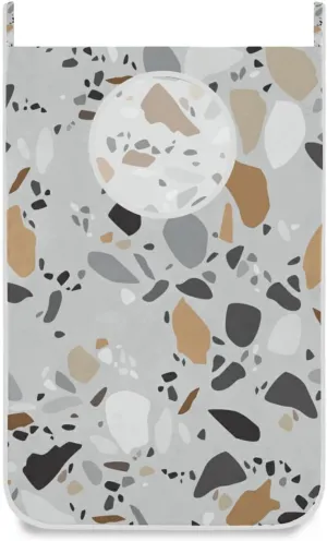 Seamless Terrazzo Stone Fragments Rock Surface on Grey Background Hanging Laundry Hamper Bag, Dirty Clothes Basket Bag with Hooks Bag Space Saving, For Bathroom, Bedroom, Storage, Behind Doors