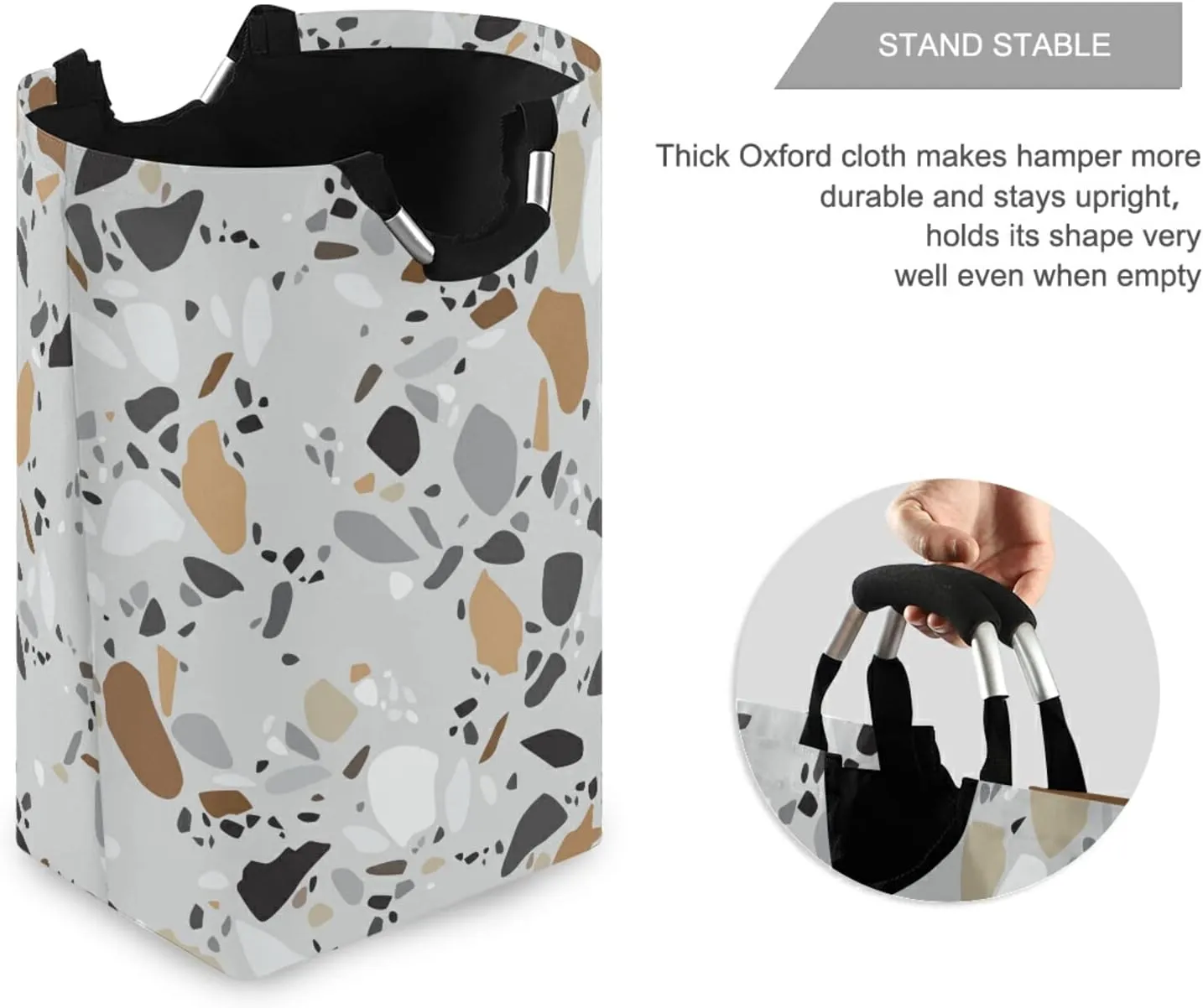 Seamless Terrazzo Stone Fragments Rock Surface on Grey Background Laundry Hamper Basket Bucket, Foldable Dirty Clothes Bag, Waterproof Fabric Washing Bin, Toy Storage with Handles for Bathroom