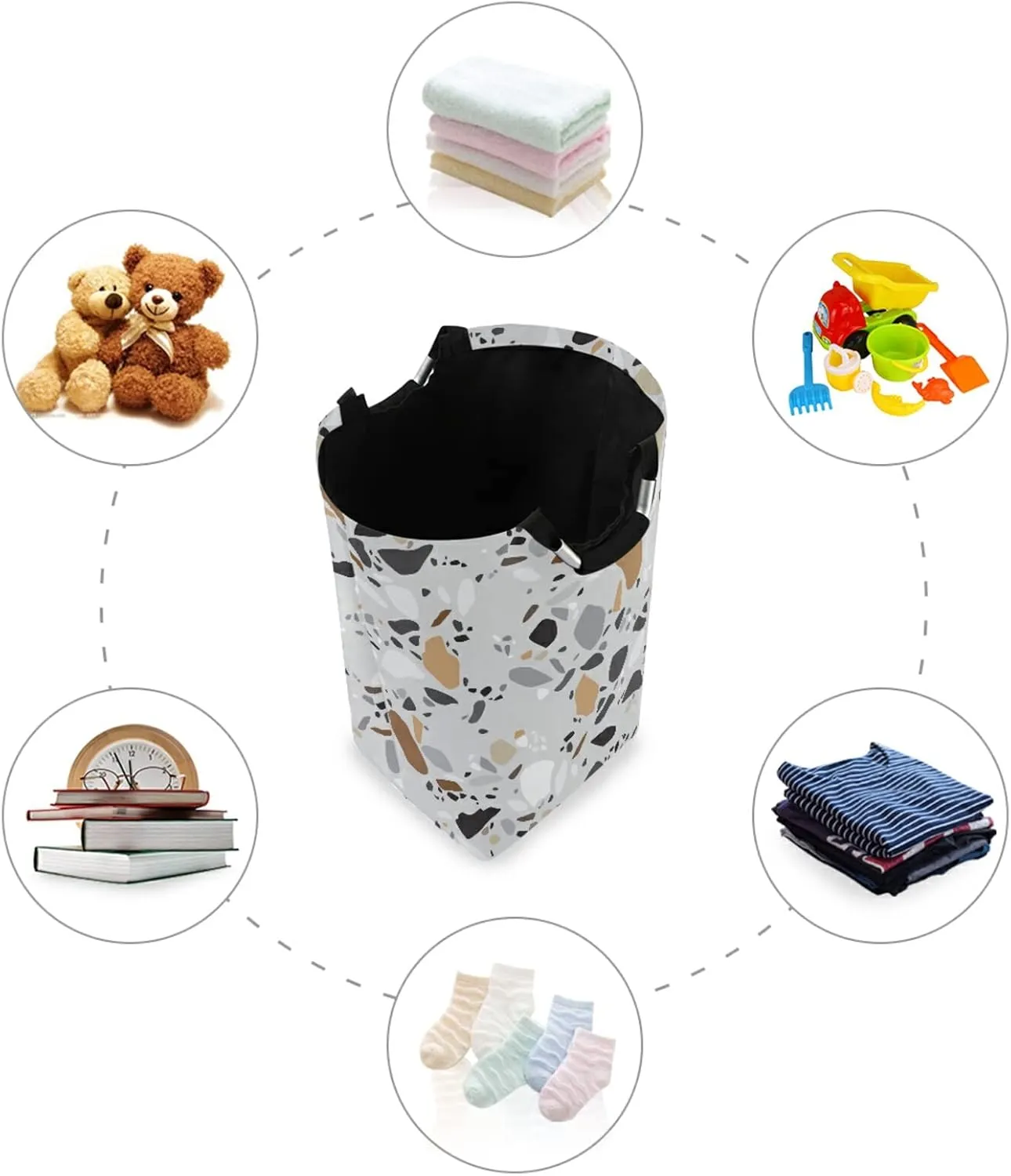 Seamless Terrazzo Stone Fragments Rock Surface on Grey Background Laundry Hamper Basket Bucket, Foldable Dirty Clothes Bag, Waterproof Fabric Washing Bin, Toy Storage with Handles for Bathroom