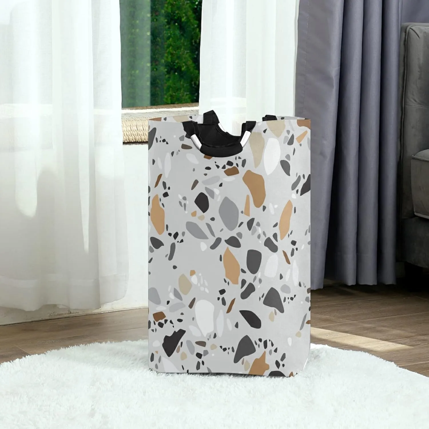 Seamless Terrazzo Stone Fragments Rock Surface on Grey Background Laundry Hamper Basket Bucket, Foldable Dirty Clothes Bag, Waterproof Fabric Washing Bin, Toy Storage with Handles for Bathroom