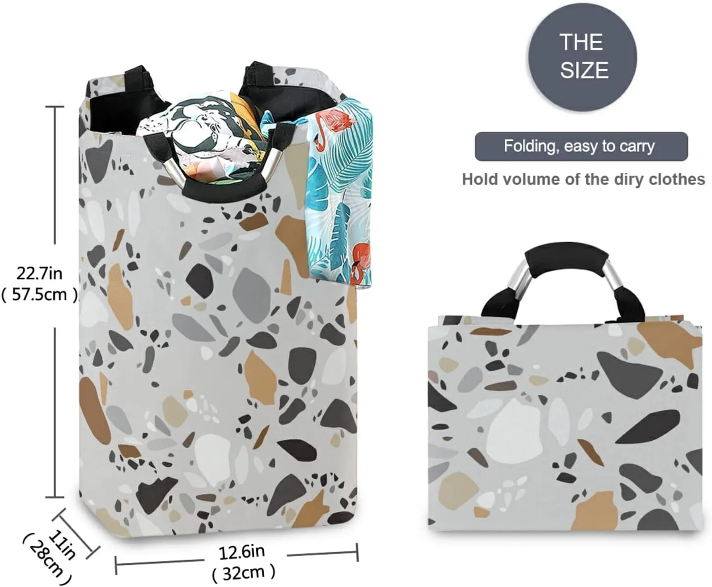 Seamless Terrazzo Stone Fragments Rock Surface on Grey Background Laundry Hamper Basket Bucket, Foldable Dirty Clothes Bag, Waterproof Fabric Washing Bin, Toy Storage with Handles for Bathroom