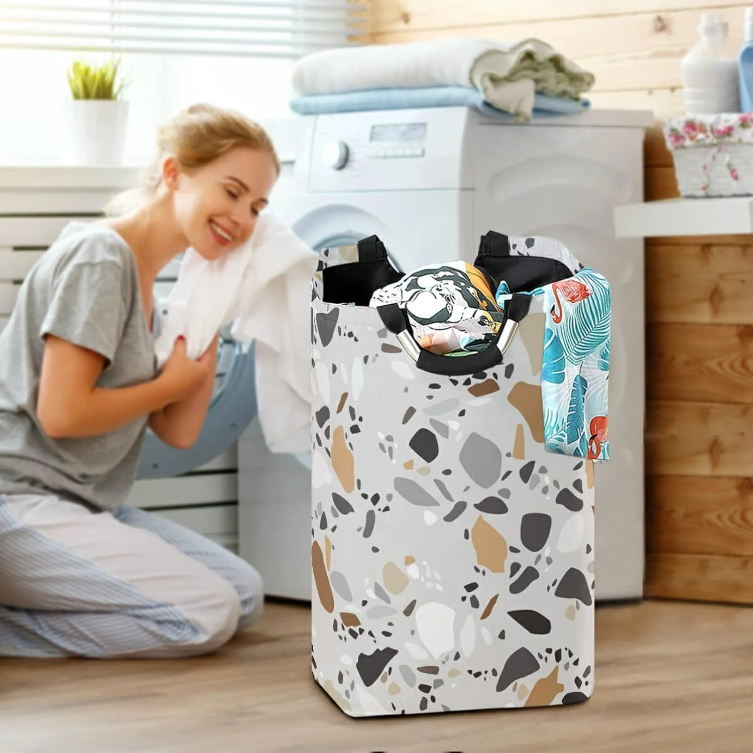 Seamless Terrazzo Stone Fragments Rock Surface on Grey Background Laundry Hamper Basket Bucket, Foldable Dirty Clothes Bag, Waterproof Fabric Washing Bin, Toy Storage with Handles for Bathroom