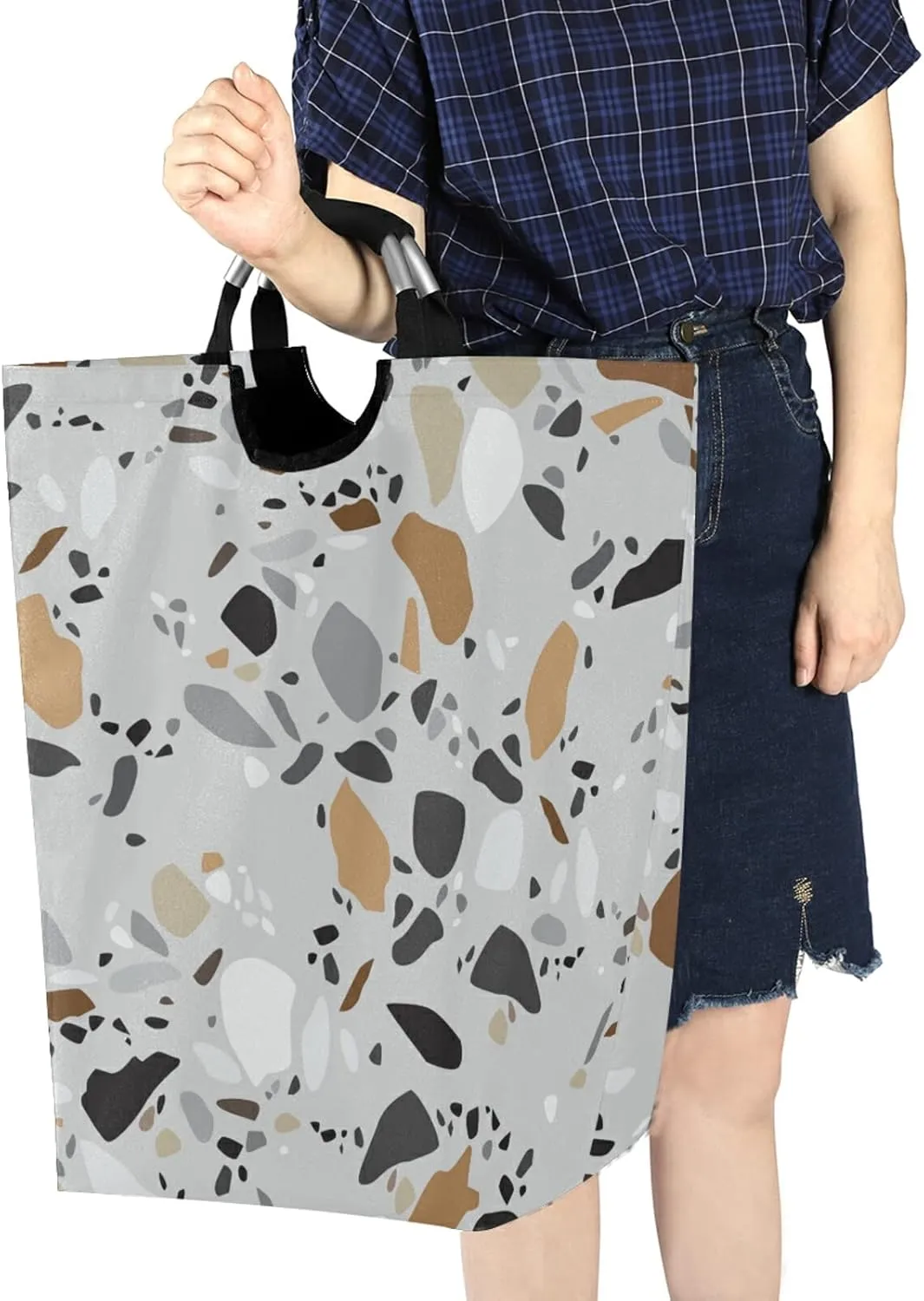 Seamless Terrazzo Stone Fragments Rock Surface on Grey Background Laundry Hamper Basket Bucket, Foldable Dirty Clothes Bag, Waterproof Fabric Washing Bin, Toy Storage with Handles for Bathroom