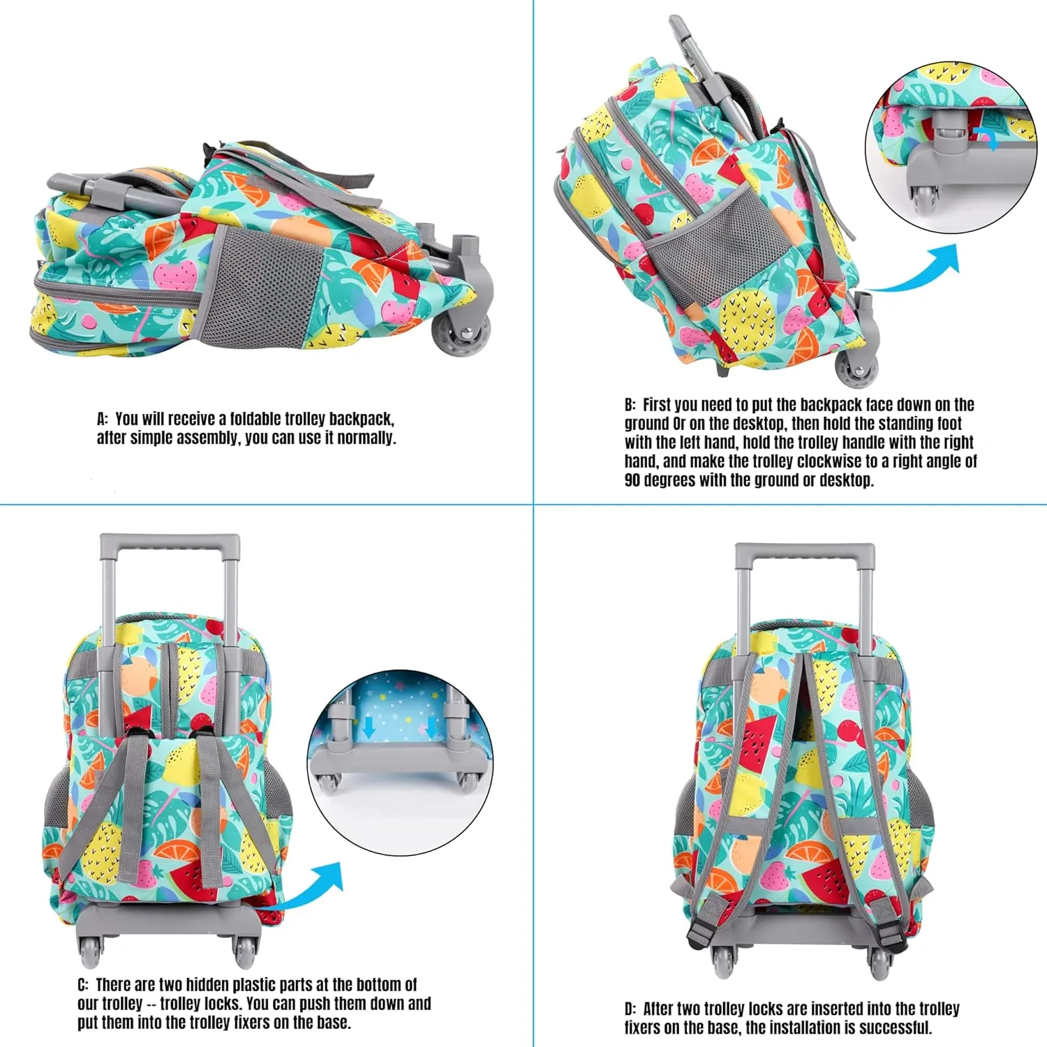 seastig Rolling Backpack 18in Double Handle Backpack Kids Wheeled Backpack Roller Backpack with Lunch Bag Set Girls Boys