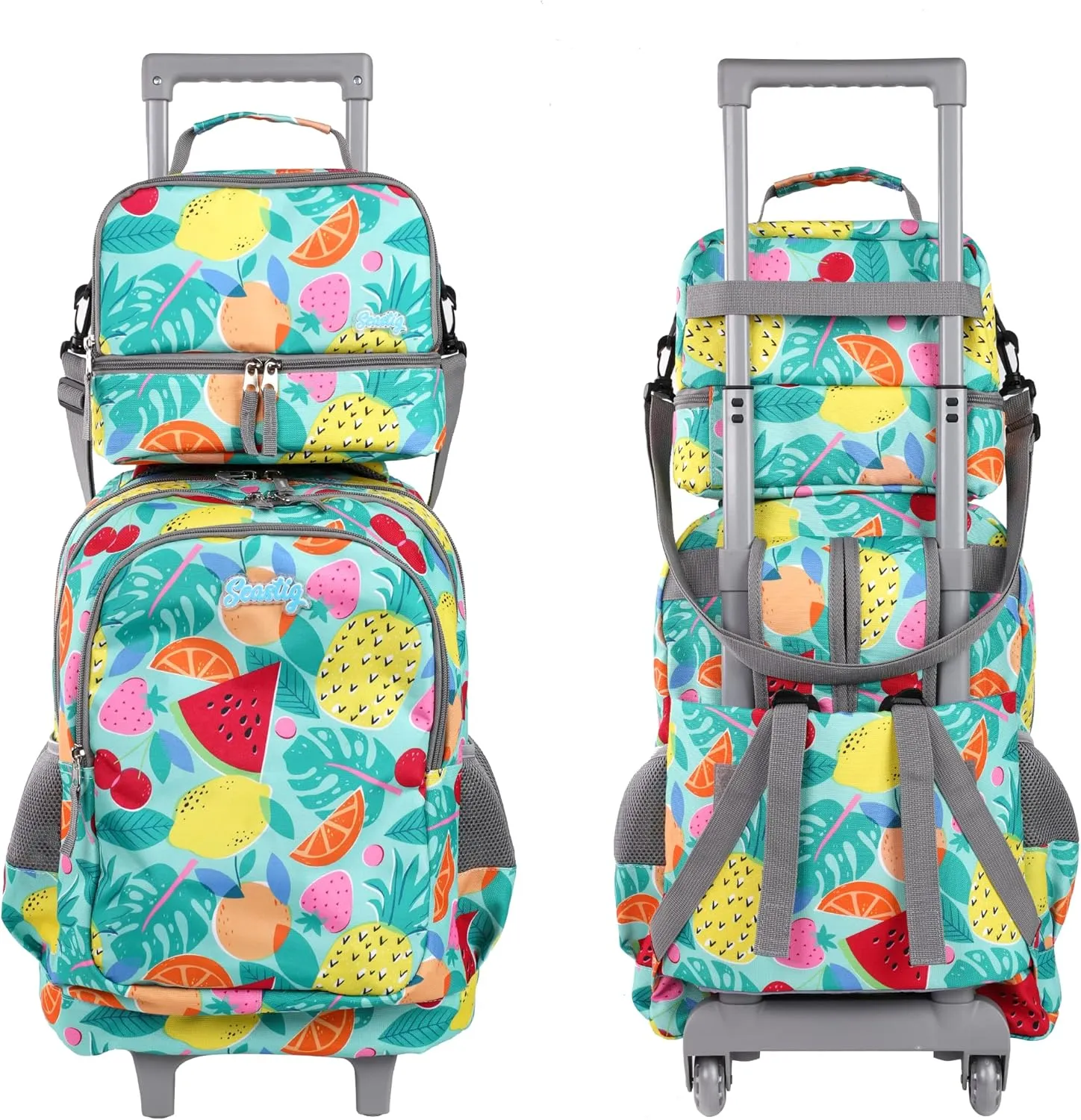seastig Rolling Backpack 18in Double Handle Backpack Kids Wheeled Backpack Roller Backpack with Lunch Bag Set Girls Boys