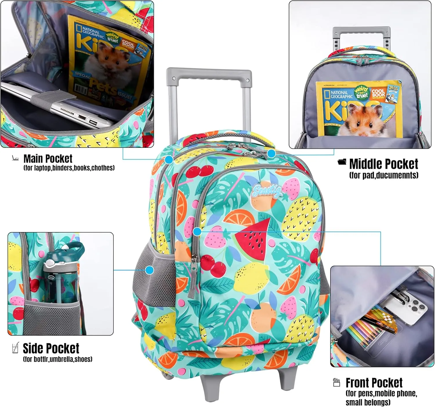 seastig Rolling Backpack 18in Double Handle Backpack Kids Wheeled Backpack Roller Backpack with Lunch Bag Set Girls Boys