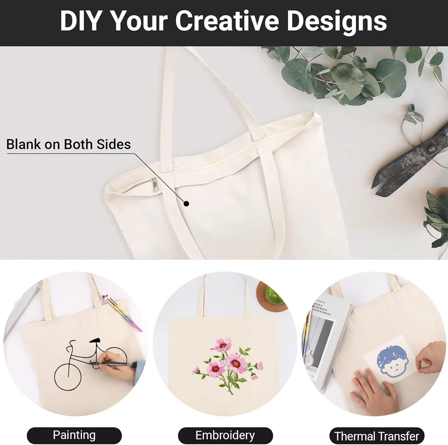 Segarty Canvas Bag with Zipper, 12 Pack 18x15 Blank Canvas Tote Bags for Women, Reusable Canvas Bags Aesthetic with Natural Cotton Cloth, Shoulder Strap, Bulk for DIY, Grocery, Beach, Travel，Gift