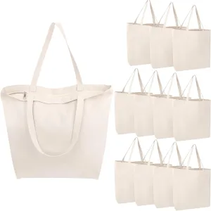 Segarty Canvas Bag with Zipper, 12 Pack 18x15 Blank Canvas Tote Bags for Women, Reusable Canvas Bags Aesthetic with Natural Cotton Cloth, Shoulder Strap, Bulk for DIY, Grocery, Beach, Travel，Gift