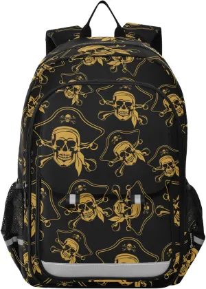 senya Backpack for Boys Girls, Golden Pirate Skull Backpack Students Bookbag Daypack for School Primary Teens