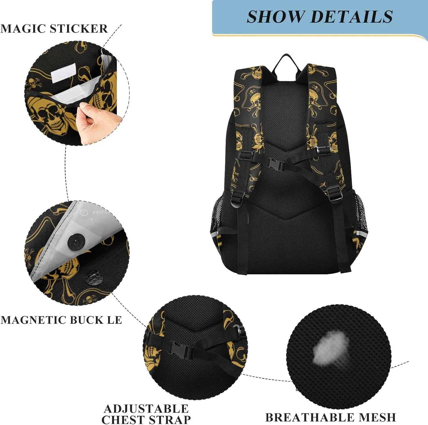 senya Backpack for Boys Girls, Golden Pirate Skull Backpack Students Bookbag Daypack for School Primary Teens