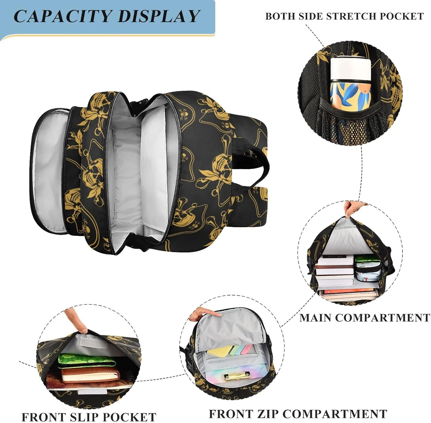 senya Backpack for Boys Girls, Golden Pirate Skull Backpack Students Bookbag Daypack for School Primary Teens