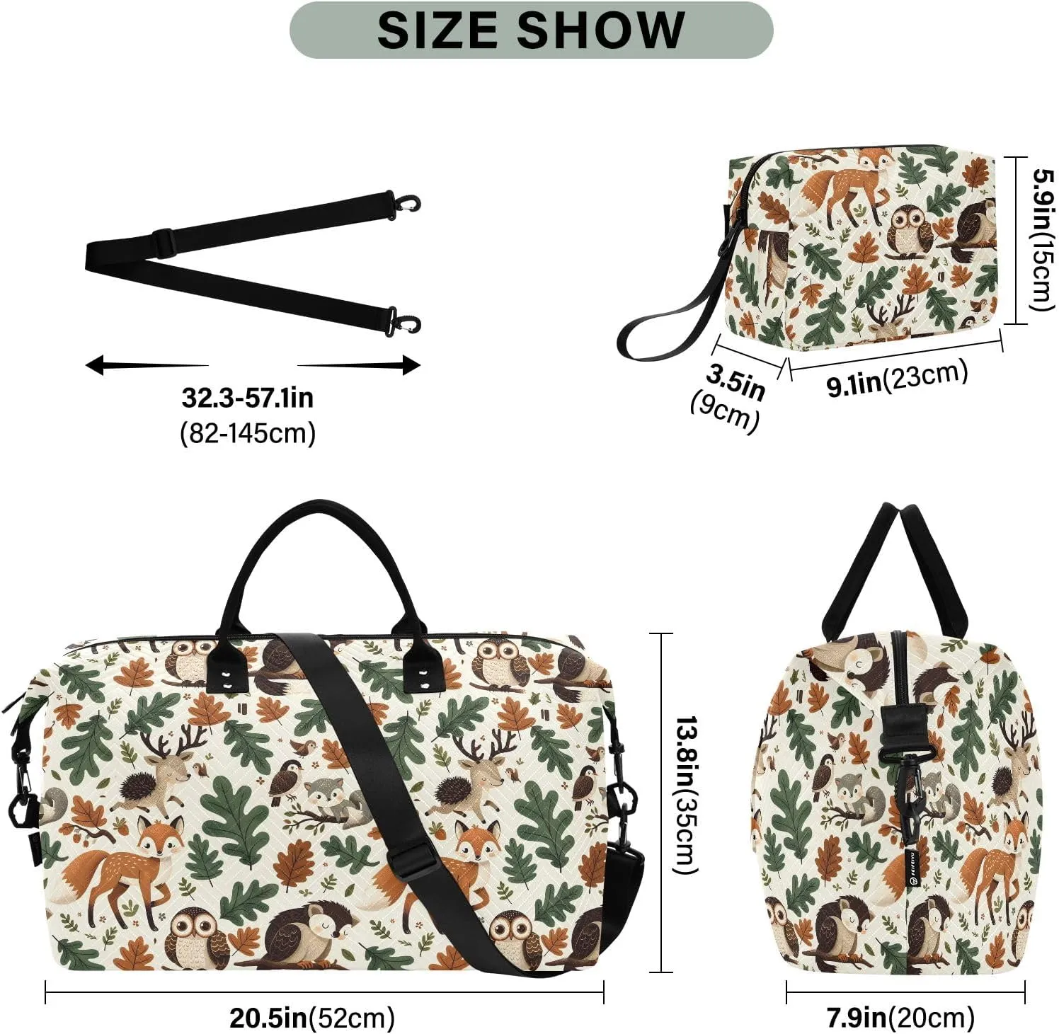 senya Weekender Bags Travel Duffel Gym Bag Animals Fox Deer Woodland Forest Hedgehog Carry on Overnight Tote Bag with Toiletry Bag for Airplane Travel Trip Gym Yoga, g368732892p1006c1071s2442