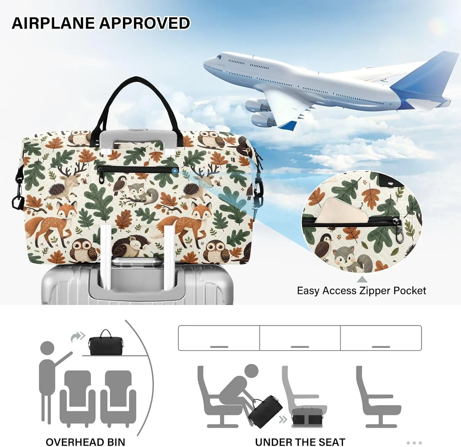 senya Weekender Bags Travel Duffel Gym Bag Animals Fox Deer Woodland Forest Hedgehog Carry on Overnight Tote Bag with Toiletry Bag for Airplane Travel Trip Gym Yoga, g368732892p1006c1071s2442