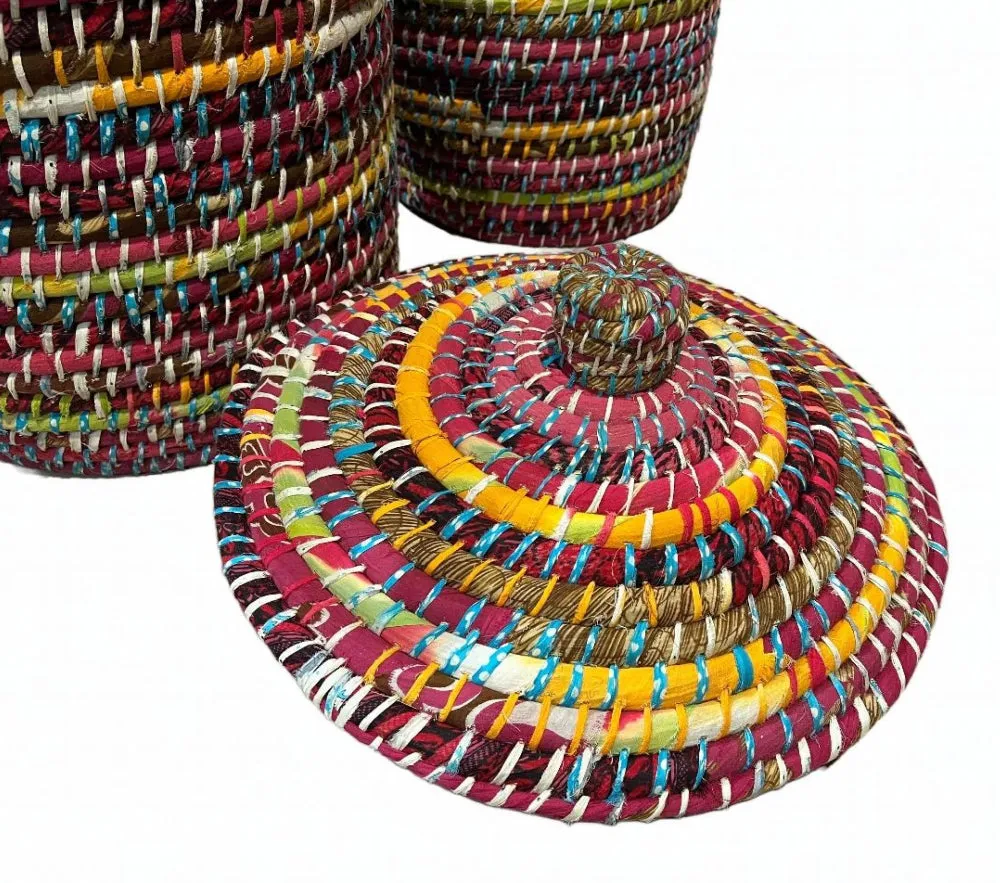 Set of 2 Kaisa Grass Recycled Sari Storage Baskets for Laundry, Toys or Logs
