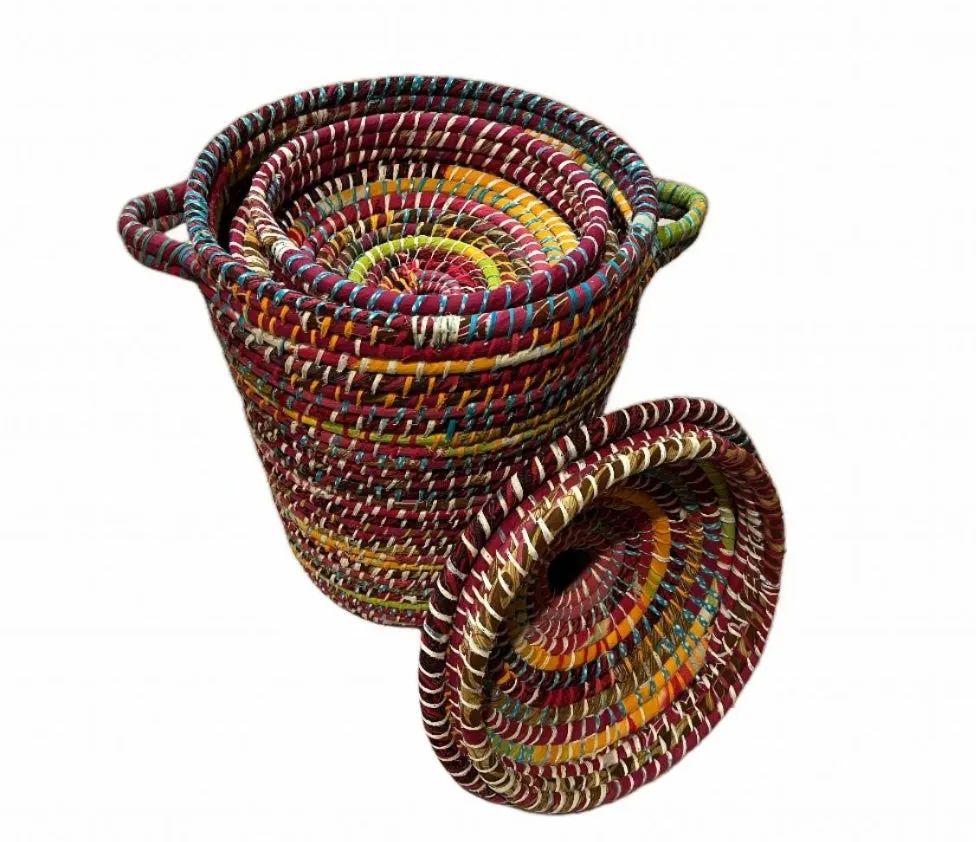 Set of 2 Kaisa Grass Recycled Sari Storage Baskets for Laundry, Toys or Logs
