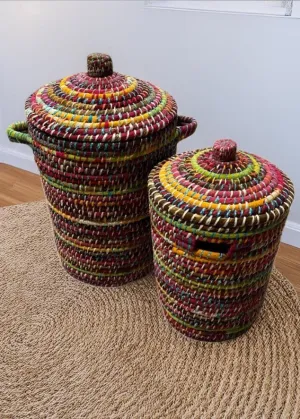 Set of 2 Kaisa Grass Recycled Sari Storage Baskets for Laundry, Toys or Logs